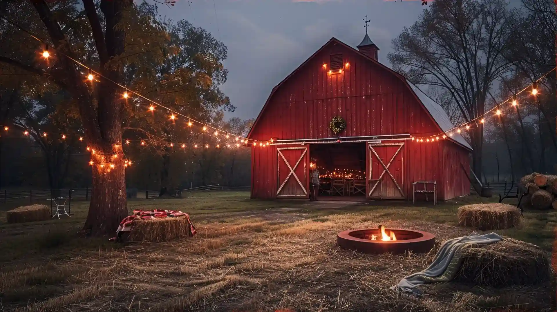 A red barn and yard lit with warm string lights and a fire pit at dusk, by Evening Glow